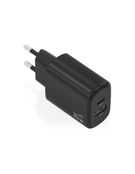 AISENS Cargador GaN 30W, 1xUSB-C PD3.0 QC4.0, 1xUSB-A QC3.0, Negro