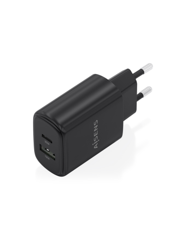 AISENS Cargador GaN 30W, 1xUSB-C PD3.0 QC4.0, 1xUSB-A QC3.0, Negro
