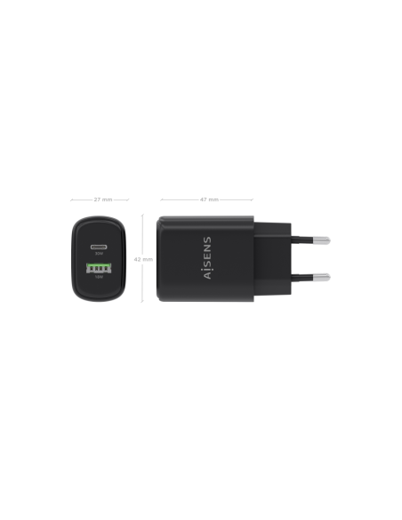 AISENS Cargador GaN 30W, 1xUSB-C PD3.0 QC4.0, 1xUSB-A QC3.0, Negro