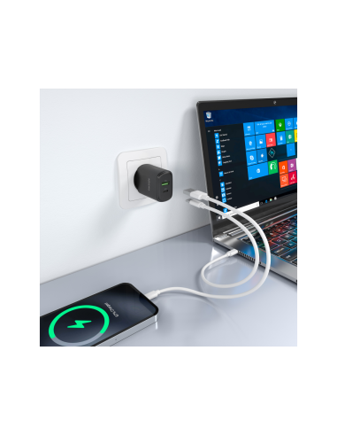 AISENS Cargador GaN 30W, 1xUSB-C PD3.0 QC4.0, 1xUSB-A QC3.0, Negro