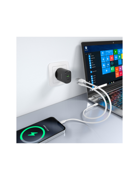 AISENS Cargador GaN 30W, 1xUSB-C PD3.0 QC4.0, 1xUSB-A QC3.0, Negro