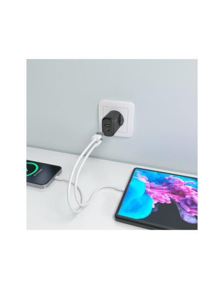 AISENS Cargador GaN 30W, 1xUSB-C PD3.0 QC4.0, 1xUSB-A QC3.0, Negro