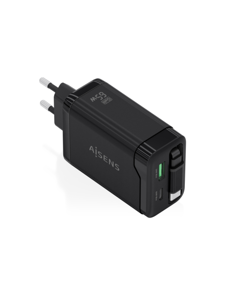 AISENS Cargador GaN 65W, 1xUSB-C Cable Retractil, 1xUSB-C PD3.0, 1xUSB-A QC3.0, Negro