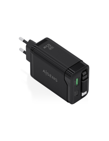 AISENS Cargador GaN 65W, 1xUSB-C Cable Retractil, 1xUSB-C PD3.0, 1xUSB-A QC3.0, Negro