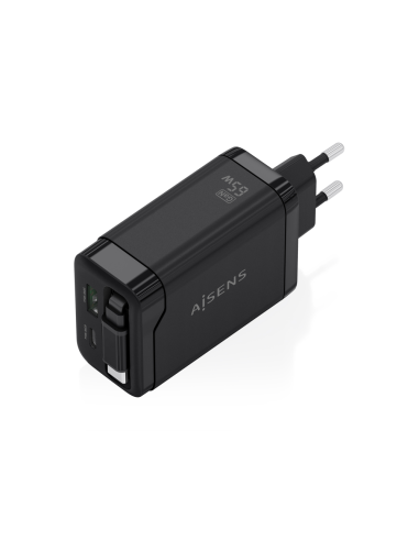 AISENS Cargador GaN 65W, 1xUSB-C Cable Retractil, 1xUSB-C PD3.0, 1xUSB-A QC3.0, Negro