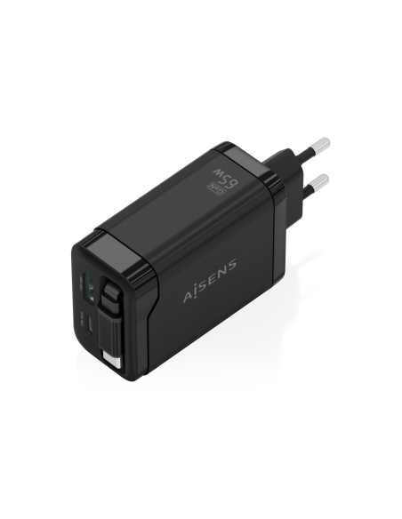 AISENS Cargador GaN 65W, 1xUSB-C Cable Retractil, 1xUSB-C PD3.0, 1xUSB-A QC3.0, Negro