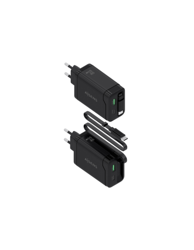 AISENS Cargador GaN 65W, 1xUSB-C Cable Retractil, 1xUSB-C PD3.0, 1xUSB-A QC3.0, Negro