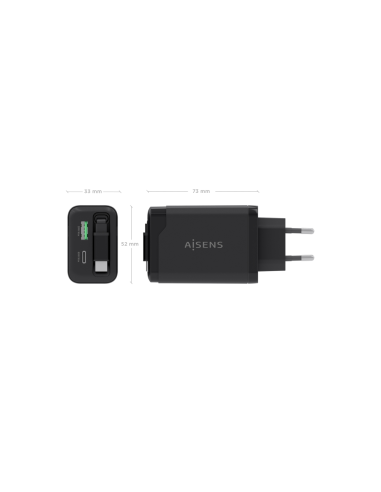 AISENS Cargador GaN 65W, 1xUSB-C Cable Retractil, 1xUSB-C PD3.0, 1xUSB-A QC3.0, Negro
