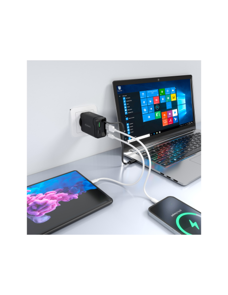 AISENS Cargador GaN 65W, 1xUSB-C Cable Retractil, 1xUSB-C PD3.0, 1xUSB-A QC3.0, Negro