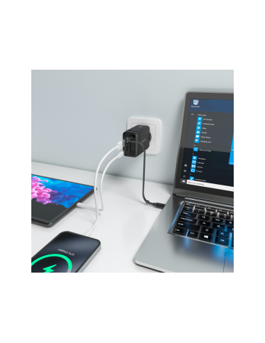 AISENS Cargador GaN 65W, 1xUSB-C Cable Retractil, 1xUSB-C PD3.0, 1xUSB-A QC3.0, Negro