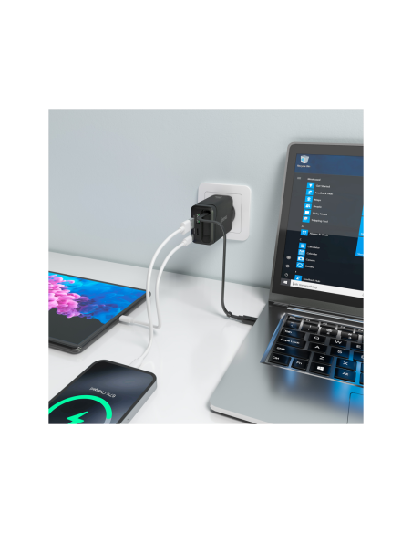 AISENS Cargador GaN 65W, 1xUSB-C Cable Retractil, 1xUSB-C PD3.0, 1xUSB-A QC3.0, Negro