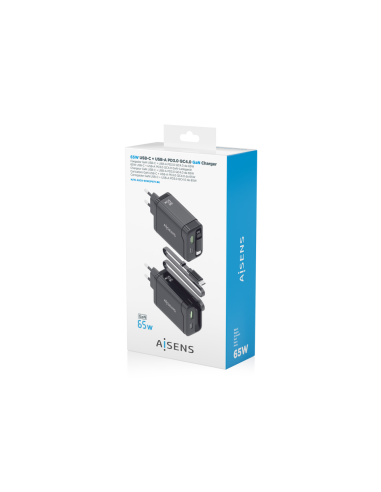 AISENS Cargador GaN 65W, 1xUSB-C Cable Retractil, 1xUSB-C PD3.0, 1xUSB-A QC3.0, Negro