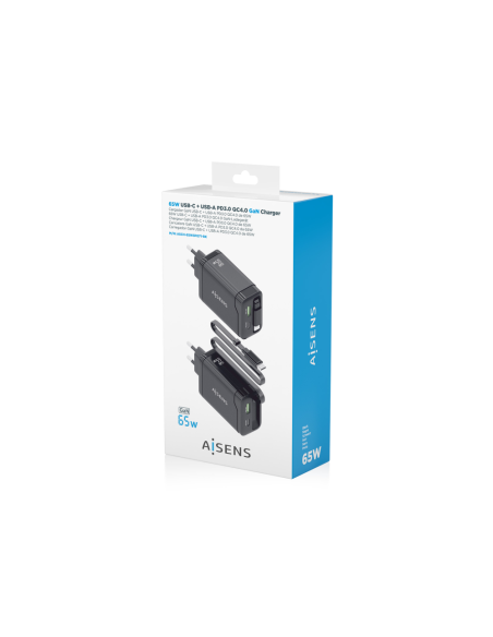 AISENS Cargador GaN 65W, 1xUSB-C Cable Retractil, 1xUSB-C PD3.0, 1xUSB-A QC3.0, Negro