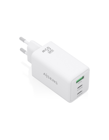 AISENS Cargador GaN 65W, 2xUSB-C PD3.0 QC4.0, 1xUSB-A QC3.0, Blanco