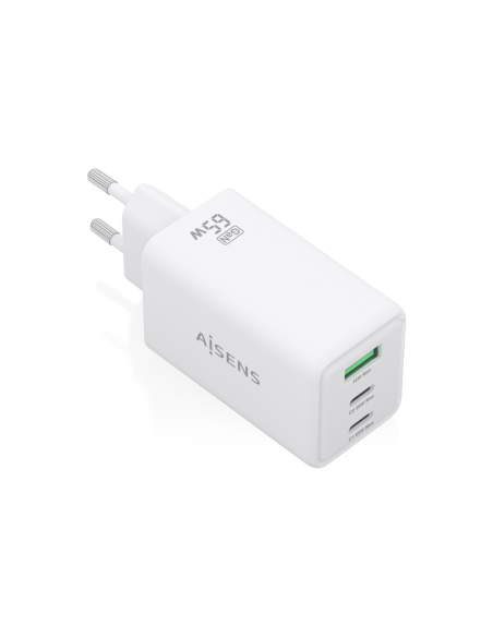 AISENS Cargador GaN 65W, 2xUSB-C PD3.0 QC4.0, 1xUSB-A QC3.0, Blanco