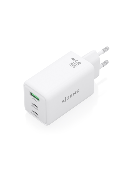 AISENS Cargador GaN 65W, 2xUSB-C PD3.0 QC4.0, 1xUSB-A QC3.0, Blanco