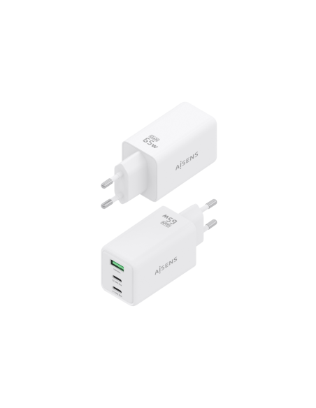 AISENS Cargador GaN 65W, 2xUSB-C PD3.0 QC4.0, 1xUSB-A QC3.0, Blanco