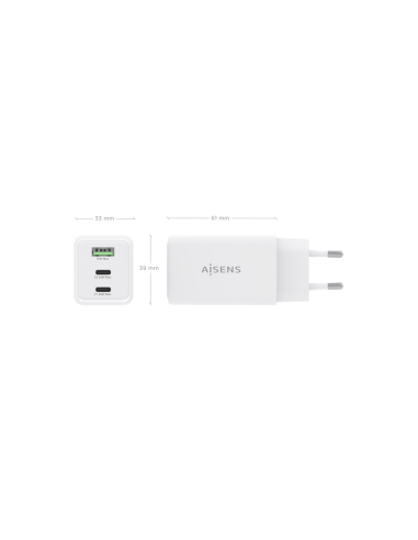 AISENS Cargador GaN 65W, 2xUSB-C PD3.0 QC4.0, 1xUSB-A QC3.0, Blanco
