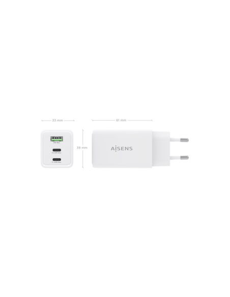 AISENS Cargador GaN 65W, 2xUSB-C PD3.0 QC4.0, 1xUSB-A QC3.0, Blanco