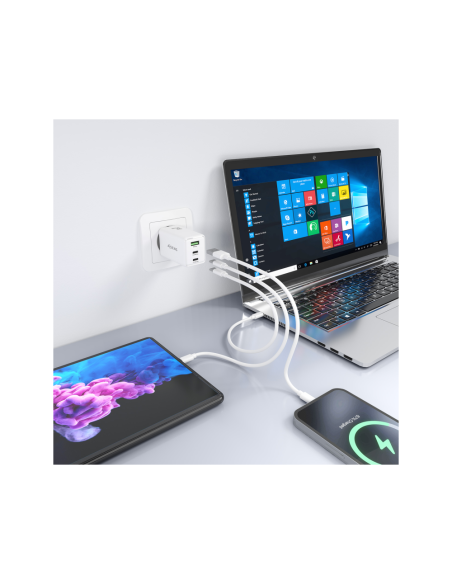AISENS Cargador GaN 65W, 2xUSB-C PD3.0 QC4.0, 1xUSB-A QC3.0, Blanco