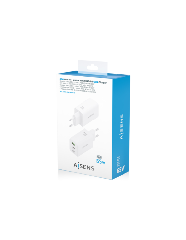 AISENS Cargador GaN 65W, 2xUSB-C PD3.0 QC4.0, 1xUSB-A QC3.0, Blanco