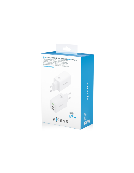 AISENS Cargador GaN 65W, 2xUSB-C PD3.0 QC4.0, 1xUSB-A QC3.0, Blanco
