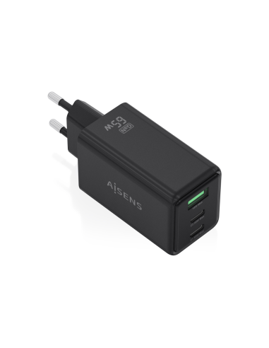 AISENS Cargador GaN 65W, 2xUSB-C PD3.0 QC4.0, 1xUSB-A QC3.0, Negro