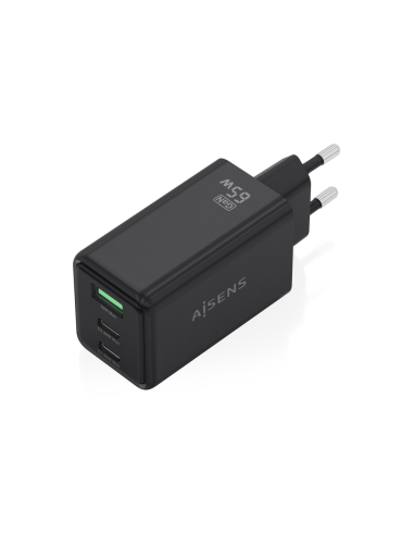 AISENS Cargador GaN 65W, 2xUSB-C PD3.0 QC4.0, 1xUSB-A QC3.0, Negro