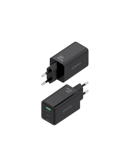 AISENS Cargador GaN 65W, 2xUSB-C PD3.0 QC4.0, 1xUSB-A QC3.0, Negro