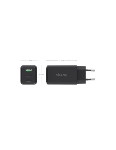 AISENS Cargador GaN 65W, 2xUSB-C PD3.0 QC4.0, 1xUSB-A QC3.0, Negro