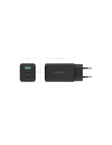AISENS Cargador GaN 65W, 2xUSB-C PD3.0 QC4.0, 1xUSB-A QC3.0, Negro