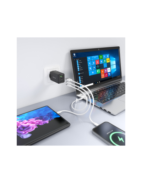 AISENS Cargador GaN 65W, 2xUSB-C PD3.0 QC4.0, 1xUSB-A QC3.0, Negro