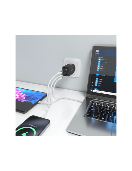 AISENS Cargador GaN 65W, 2xUSB-C PD3.0 QC4.0, 1xUSB-A QC3.0, Negro