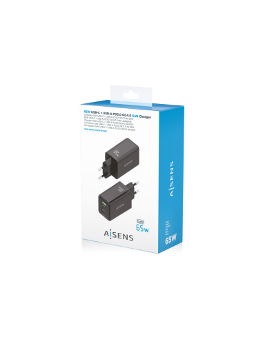 AISENS Cargador GaN 65W, 2xUSB-C PD3.0 QC4.0, 1xUSB-A QC3.0, Negro