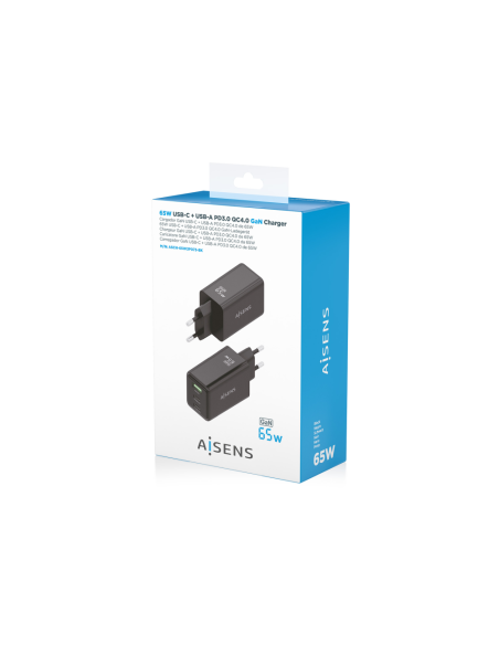 AISENS Cargador GaN 65W, 2xUSB-C PD3.0 QC4.0, 1xUSB-A QC3.0, Negro