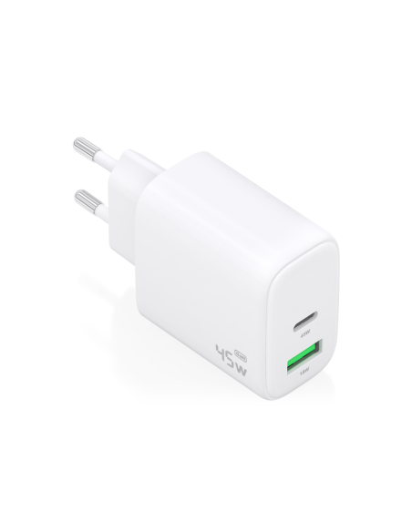 AISENS Cargador GaN 45W, 1xUSB-C PD3.0 QC4.0, 1xUSB-A QC3.0, Blanco
