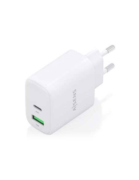 AISENS Cargador GaN 45W, 1xUSB-C PD3.0 QC4.0, 1xUSB-A QC3.0, Blanco