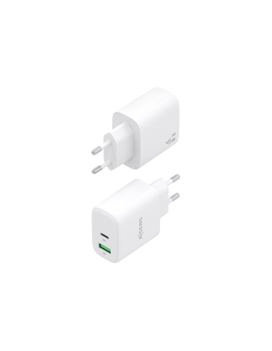 AISENS Cargador GaN 45W, 1xUSB-C PD3.0 QC4.0, 1xUSB-A QC3.0, Blanco