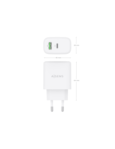 AISENS Cargador GaN 45W, 1xUSB-C PD3.0 QC4.0, 1xUSB-A QC3.0, Blanco