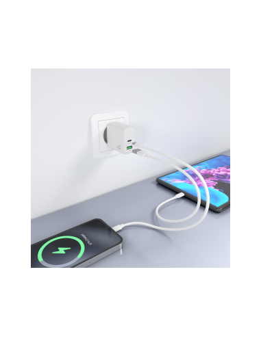 AISENS Cargador GaN 45W, 1xUSB-C PD3.0 QC4.0, 1xUSB-A QC3.0, Blanco