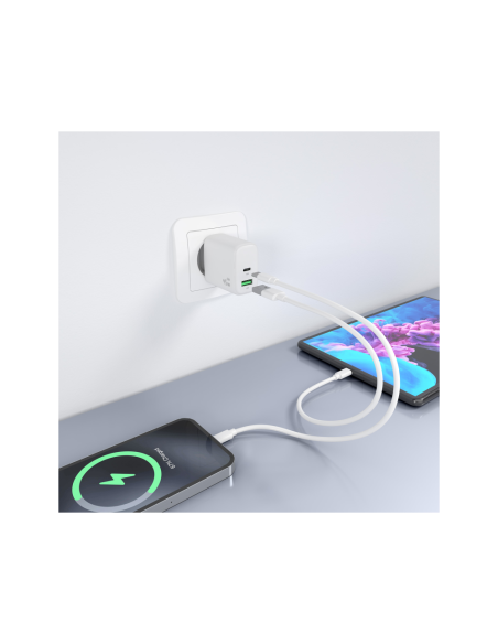 AISENS Cargador GaN 45W, 1xUSB-C PD3.0 QC4.0, 1xUSB-A QC3.0, Blanco