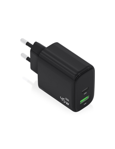 AISENS Cargador GaN 45W, 1xUSB-C PD3.0 QC4.0, 1xUSB-A QC3.0, Negro