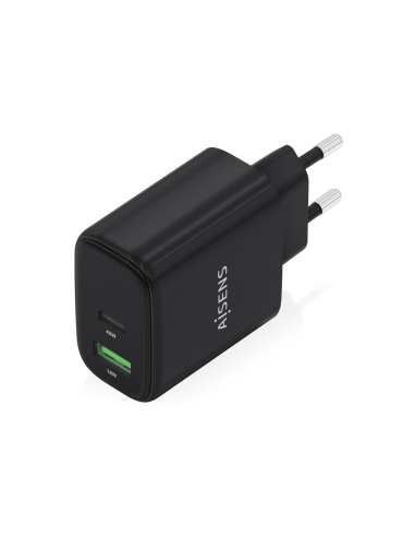 AISENS Cargador GaN 45W, 1xUSB-C PD3.0 QC4.0, 1xUSB-A QC3.0, Negro