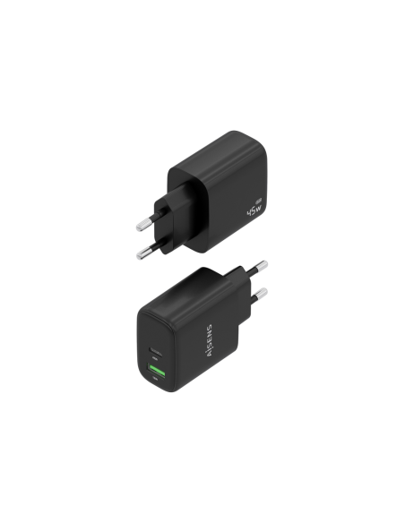 AISENS Cargador GaN 45W, 1xUSB-C PD3.0 QC4.0, 1xUSB-A QC3.0, Negro