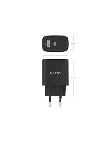 AISENS Cargador GaN 45W, 1xUSB-C PD3.0 QC4.0, 1xUSB-A QC3.0, Negro