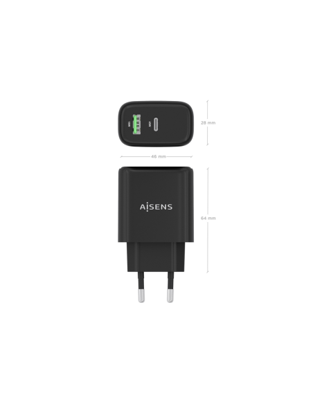 AISENS Cargador GaN 45W, 1xUSB-C PD3.0 QC4.0, 1xUSB-A QC3.0, Negro
