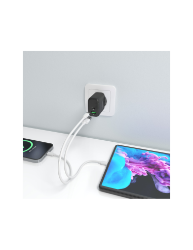 AISENS Cargador GaN 45W, 1xUSB-C PD3.0 QC4.0, 1xUSB-A QC3.0, Negro
