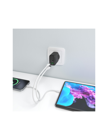AISENS Cargador GaN 45W, 1xUSB-C PD3.0 QC4.0, 1xUSB-A QC3.0, Negro