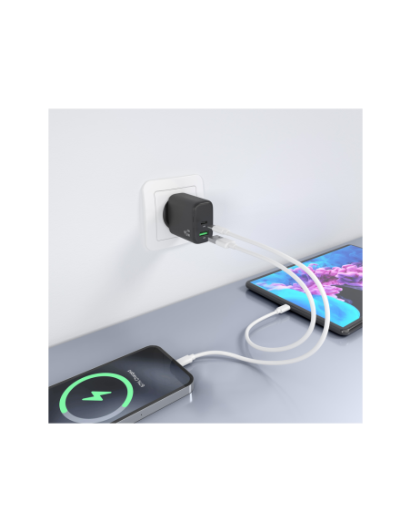 AISENS Cargador GaN 45W, 1xUSB-C PD3.0 QC4.0, 1xUSB-A QC3.0, Negro