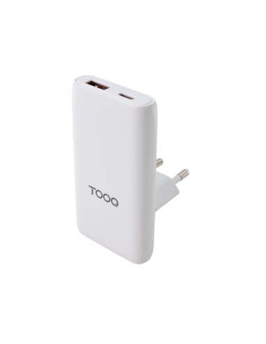 TooQ Cargador de viaje Tipo C y Tipo A, GaN 65W, USB-C/PD + USB-A/QC, Blanco